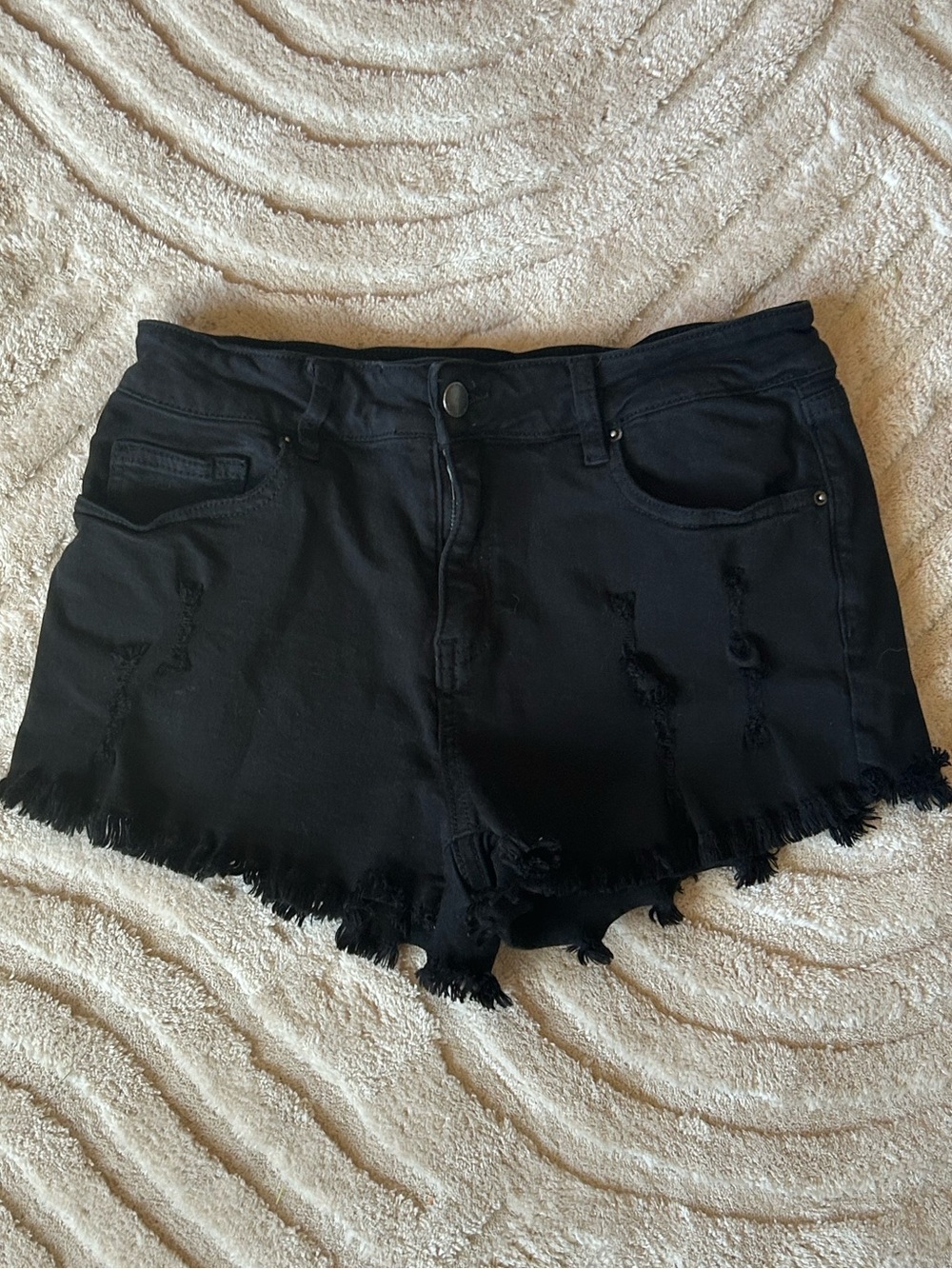 Y2K Angel Kiss Black Denim Shorts Distressed Frayed Hem Cutoff Stretch SIZE 7